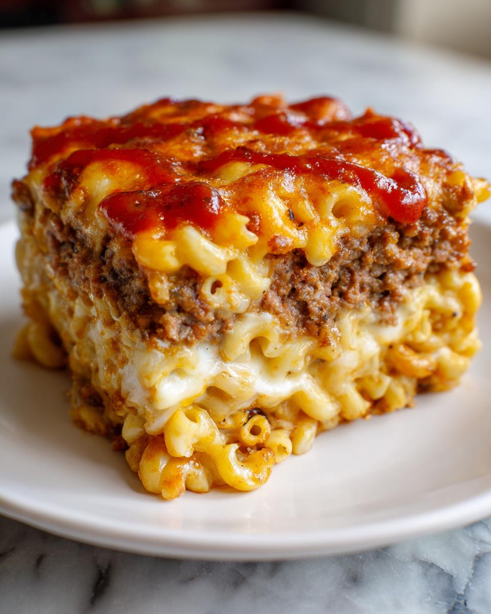 A square slice of mac and cheese meatloaf casserole with layers of pasta, meat, and a ketchup topping.