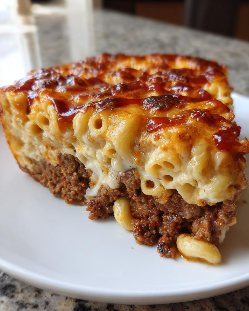 A thick slice of mac and cheese meatloaf casserole showing layers of seasoned meat and creamy macaroni, topped with a baked cheese crust and glaze.