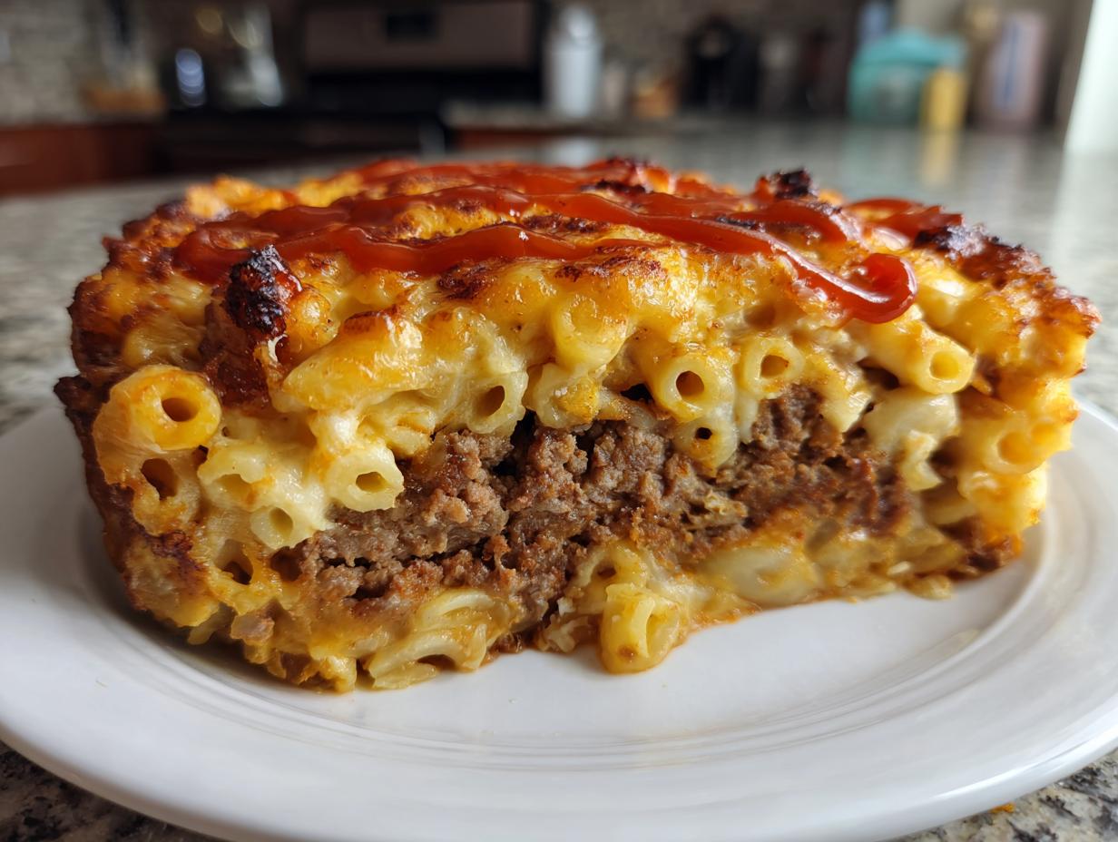 A thick slice of baked mac and cheese meatloaf casserole showing layers of ground meat and cheesy macaroni, topped with ketchup.