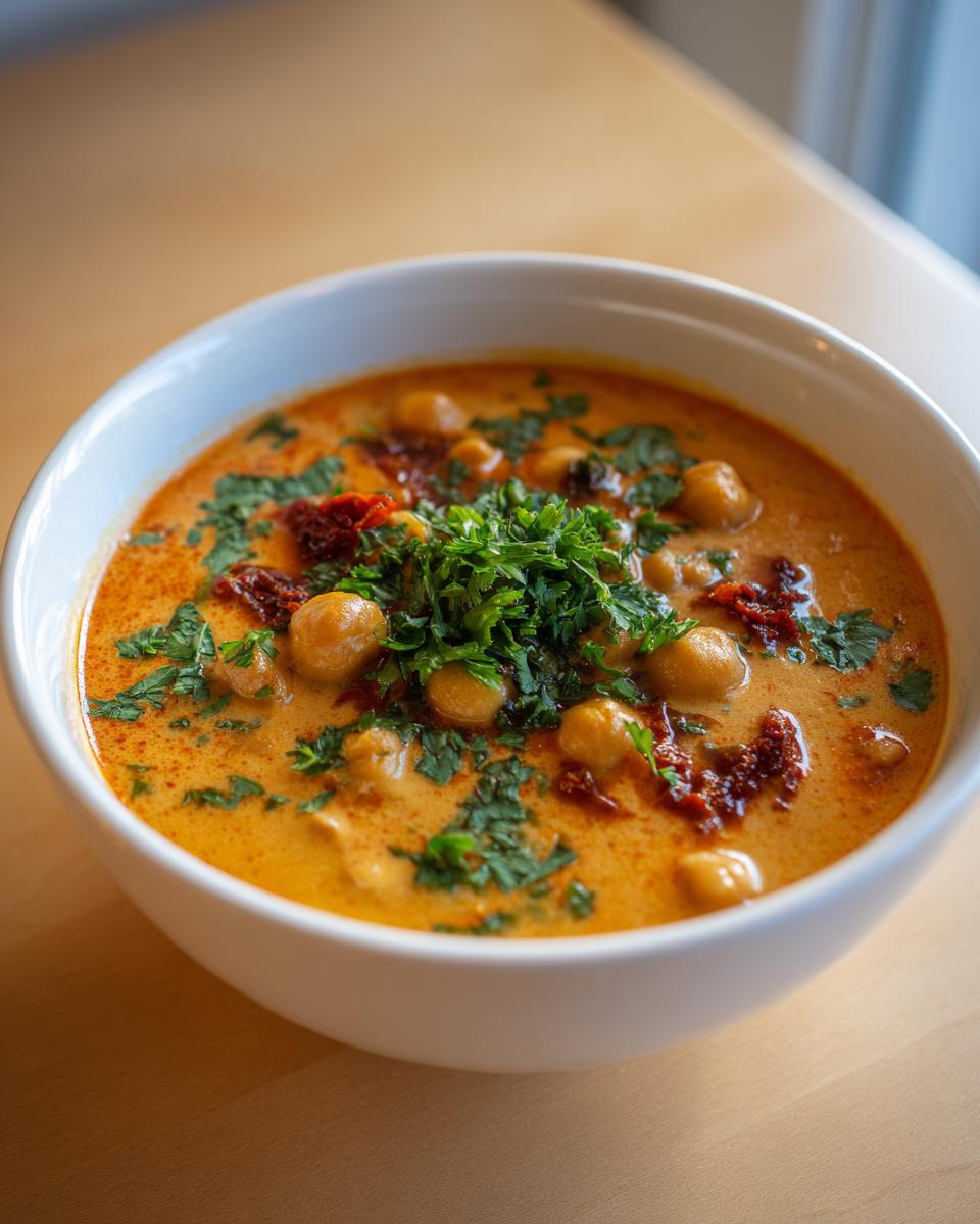 A close-up of a bowl of creamy Marry Me Chickpea Soup topped with fresh parsley and sun-dried tomatoes.