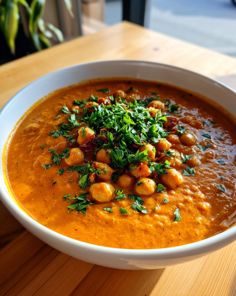 Close-up of a bowl of vibrant orange Marry Me Chickpea Soup topped with whole chickpeas, spices, and fresh parsley.