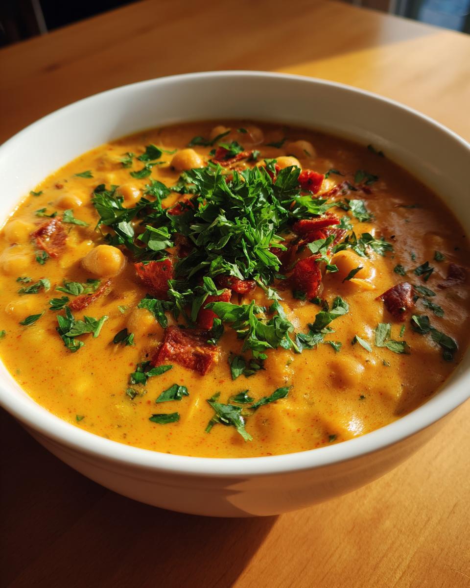 Close-up of a creamy, orange Marry Me Chickpea Soup topped with sun-dried tomatoes and fresh parsley.