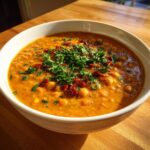 Close-up of a white bowl filled with creamy Marry Me Chickpea Soup, topped with fresh parsley and sun-dried tomatoes.