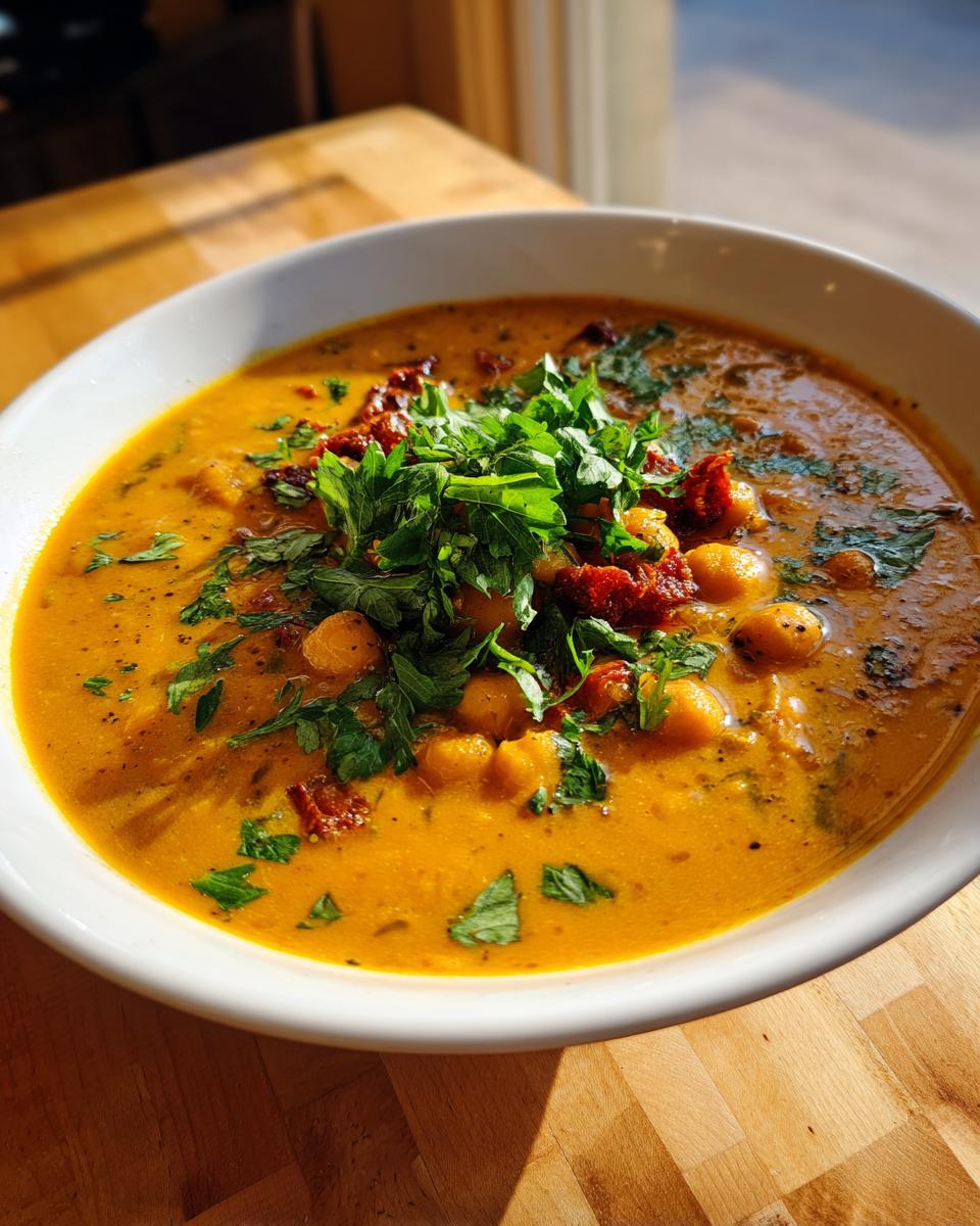 A vibrant bowl of Marry Me Chickpea Soup, topped generously with fresh parsley and sun-dried tomatoes.