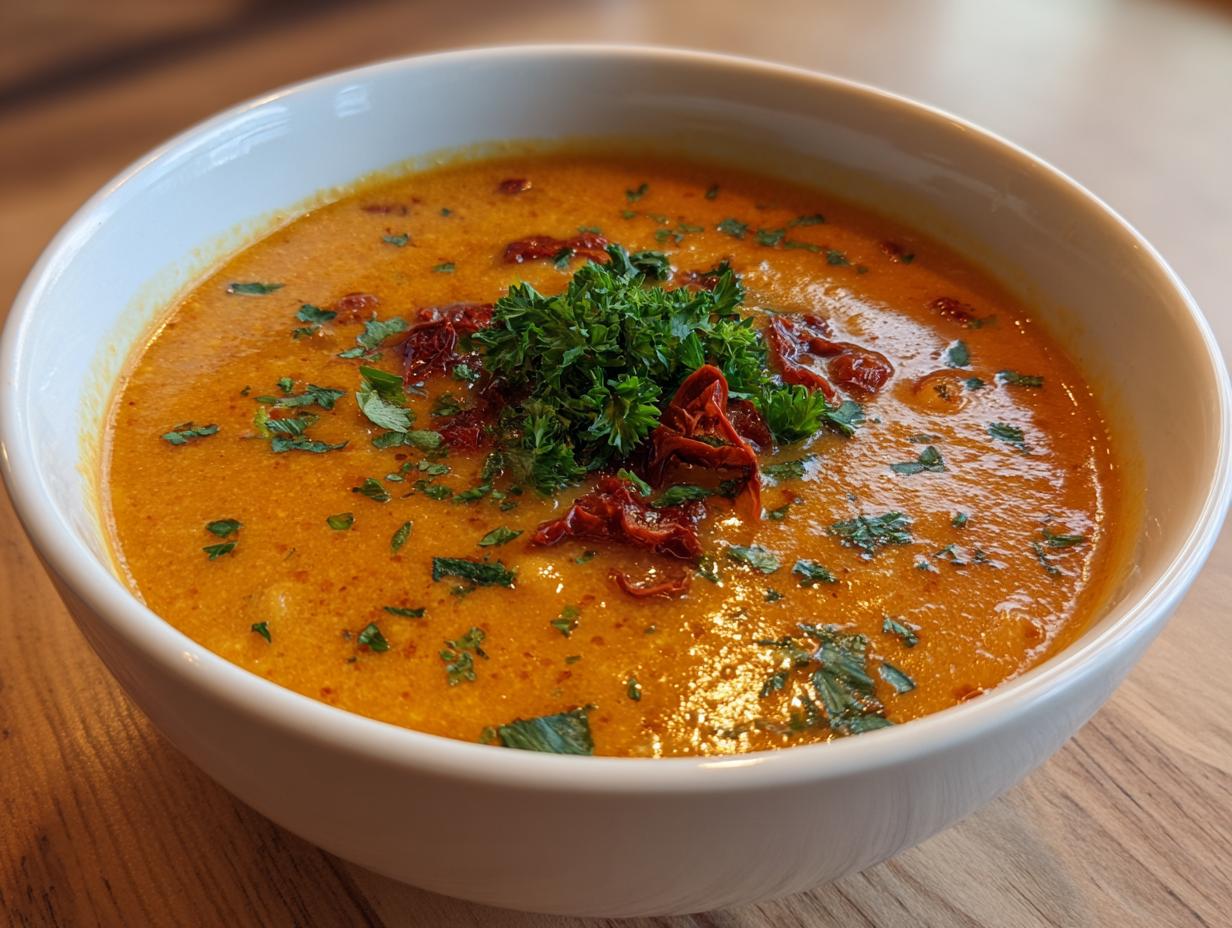 A close-up of creamy Marry Me Chickpea Soup garnished with sun-dried tomatoes and fresh parsley.