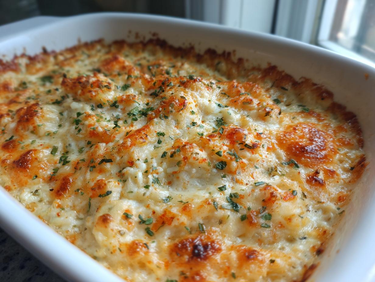 Close-up of hot, bubbly Maryland Crab Dip baked in a white dish, topped with melted cheese and parsley.