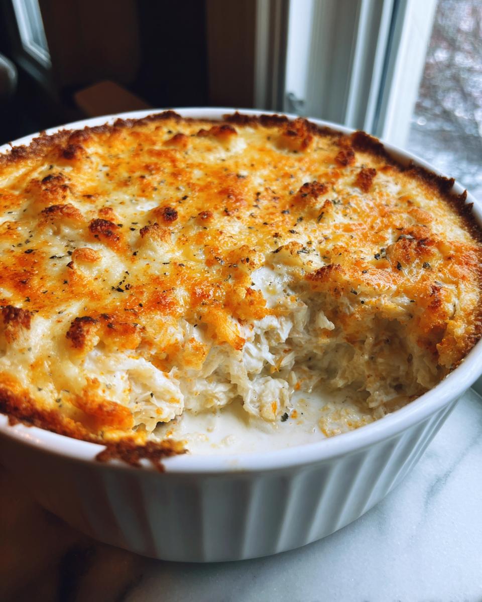 A spoonful has been taken out of a hot, cheesy Maryland Crab Dip baked in a white ramekin.