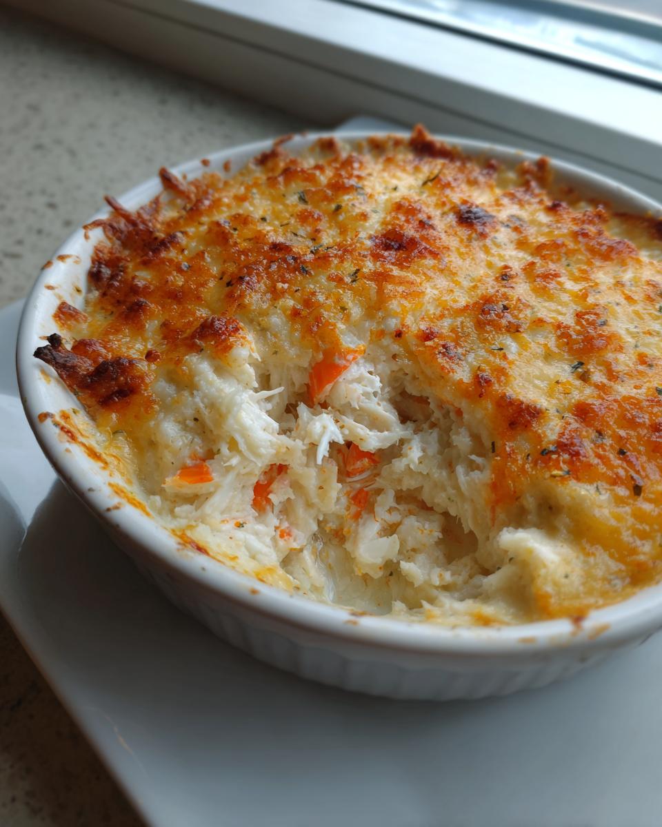 Close-up of hot Maryland Crab Dip baked in a white ramekin with a bubbly, golden cheese topping.