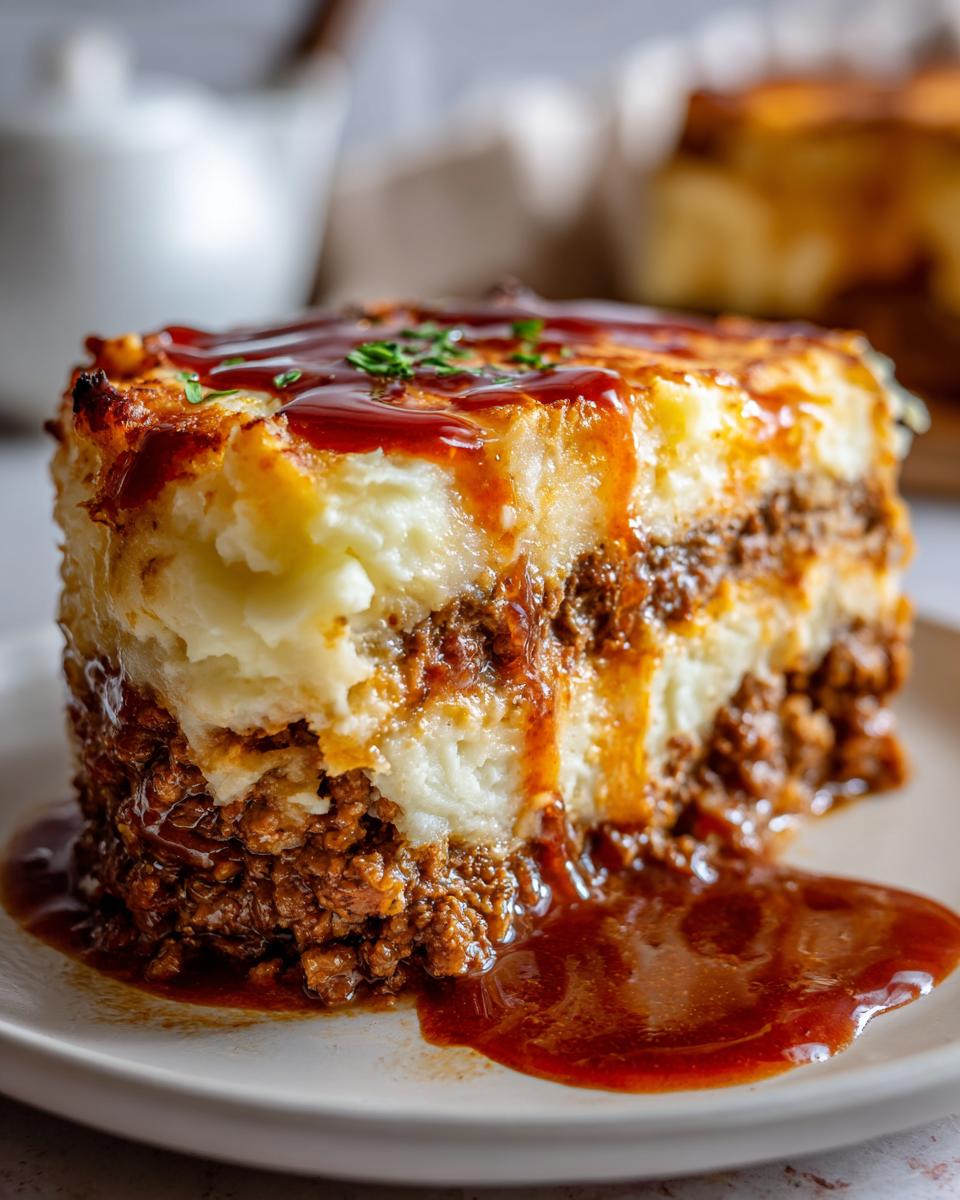 A tall, layered slice of meatloaf casserole with mashed potatoes, drizzled generously with brown gravy.