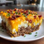A thick slice of meatloaf casserole topped with mashed potatoes, melted cheddar cheese, bacon bits, and chives.