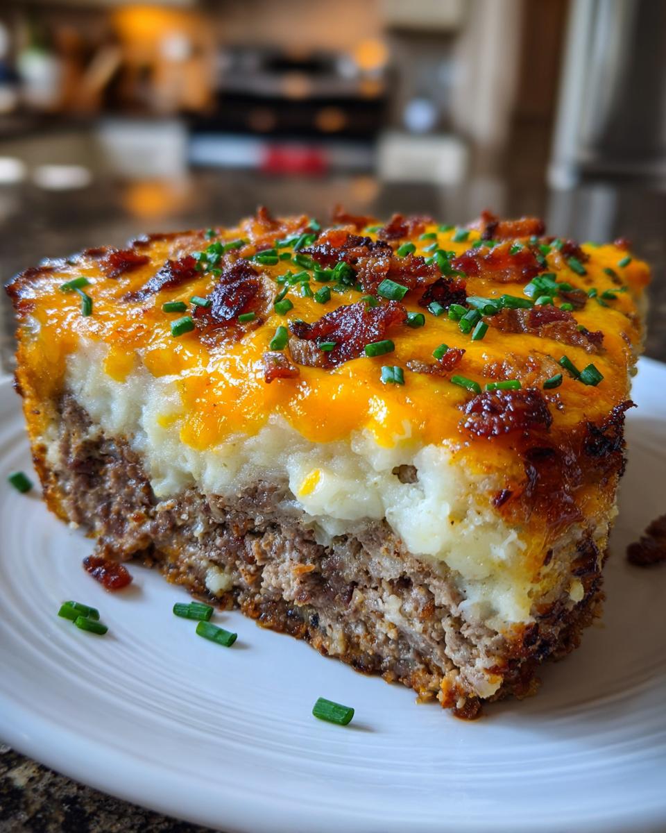 A hearty slice of meatloaf casserole topped with mashed potatoes, melted cheddar cheese, bacon bits, and chives.