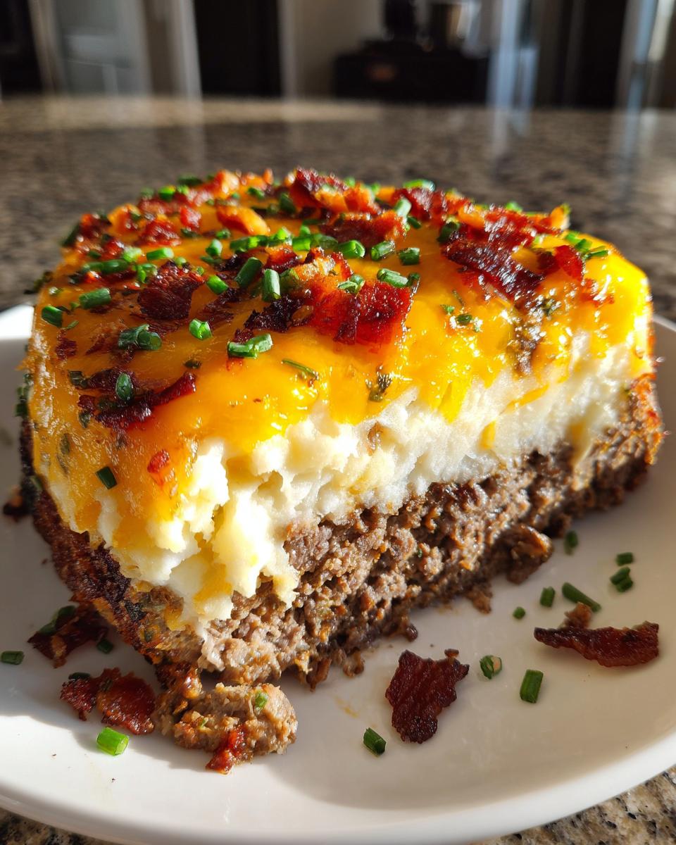 A hearty slice of meatloaf casserole topped with mashed potatoes, melted cheddar cheese, bacon bits, and chives.