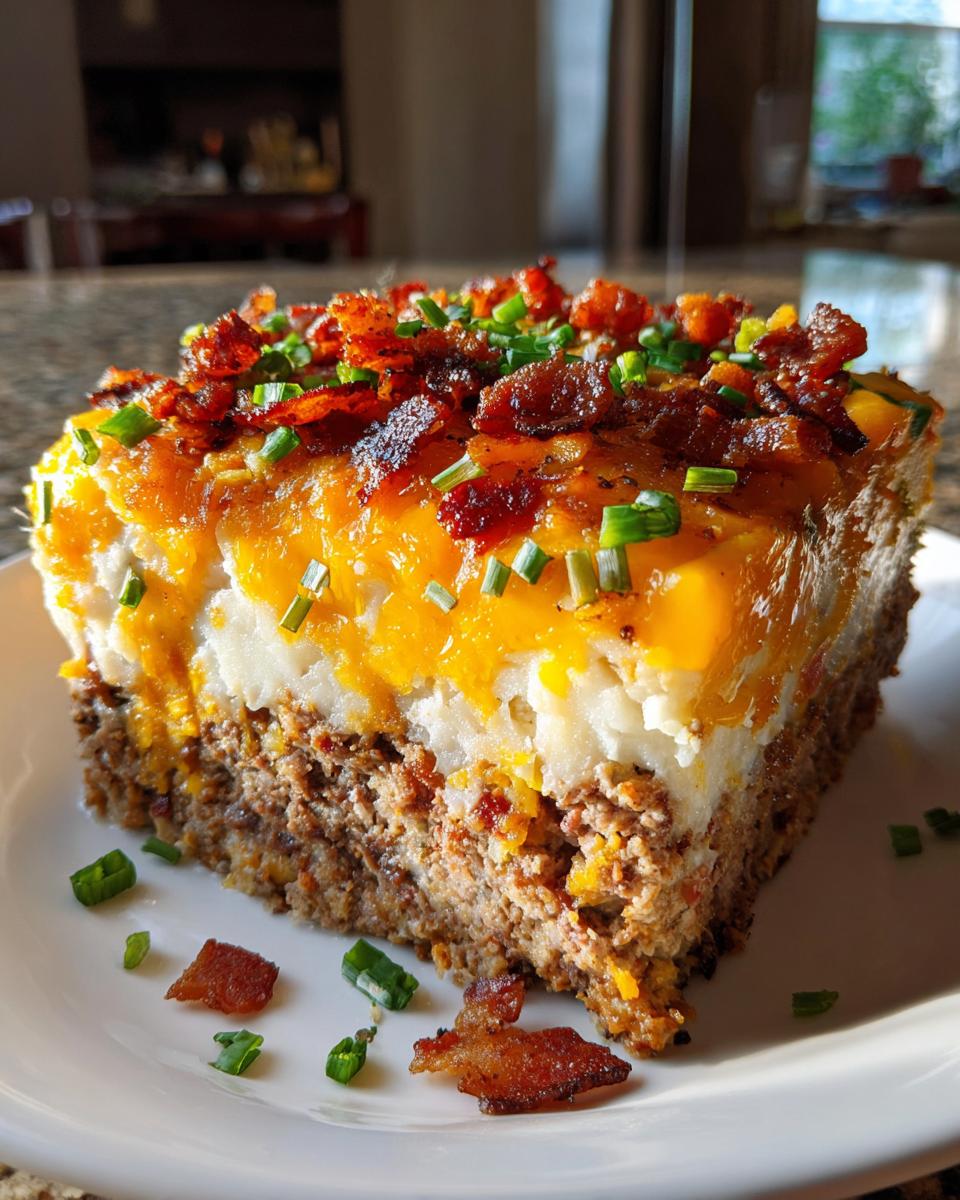 A thick slice of meatloaf casserole topped with mashed potatoes, melted cheddar cheese, bacon, and chives.
