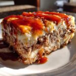 Close-up of a hearty slice of meatloaf casserole with mashed potatoes topping and drizzled with glaze.