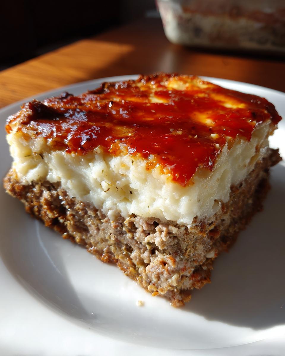 A hearty slice of meatloaf casserole with mashed potatoes topping and a rich glaze.