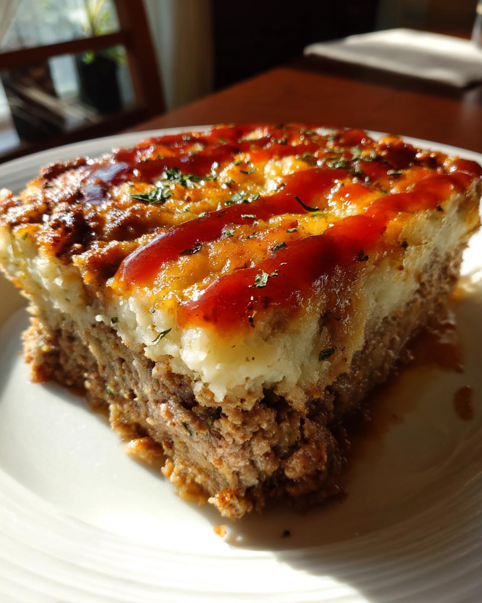 A close-up slice of meatloaf casserole with mashed potatoes topping, drizzled with ketchup.
