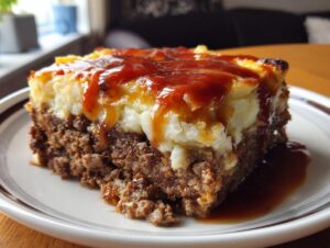 Close-up of a hearty slice of meatloaf casserole with mashed potatoes topping and rich brown gravy.