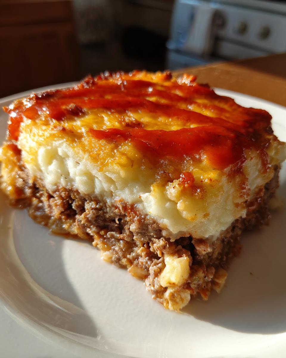A close-up slice of savory meatloaf casserole with a thick layer of mashed potatoes and ketchup glaze.
