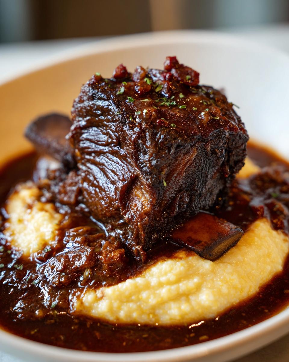 Close-up of a tender braised short ribs piece served over creamy polenta with rich brown sauce.