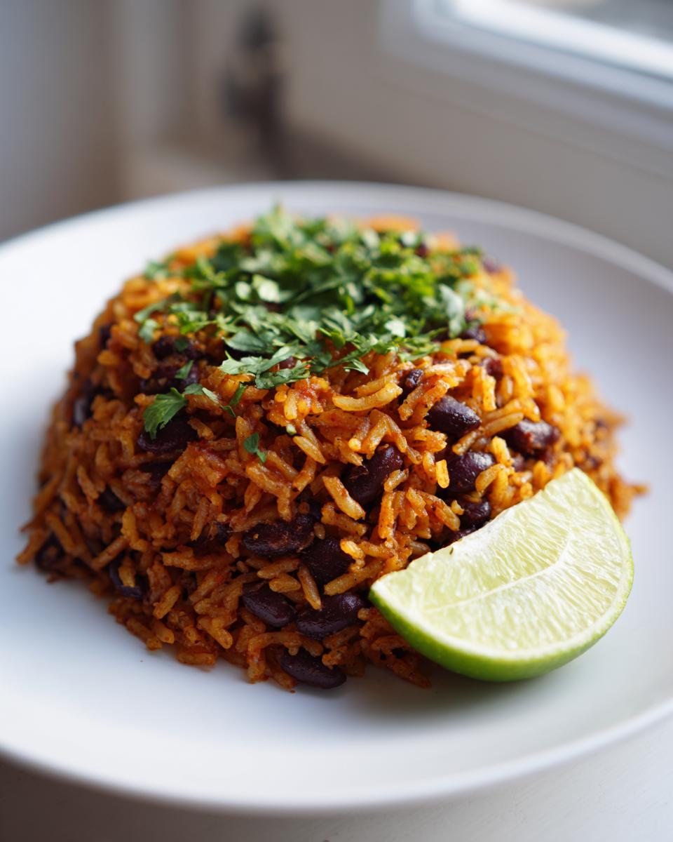 A mound of seasoned Mexican black beans and rice topped with fresh cilantro and a lime wedge.