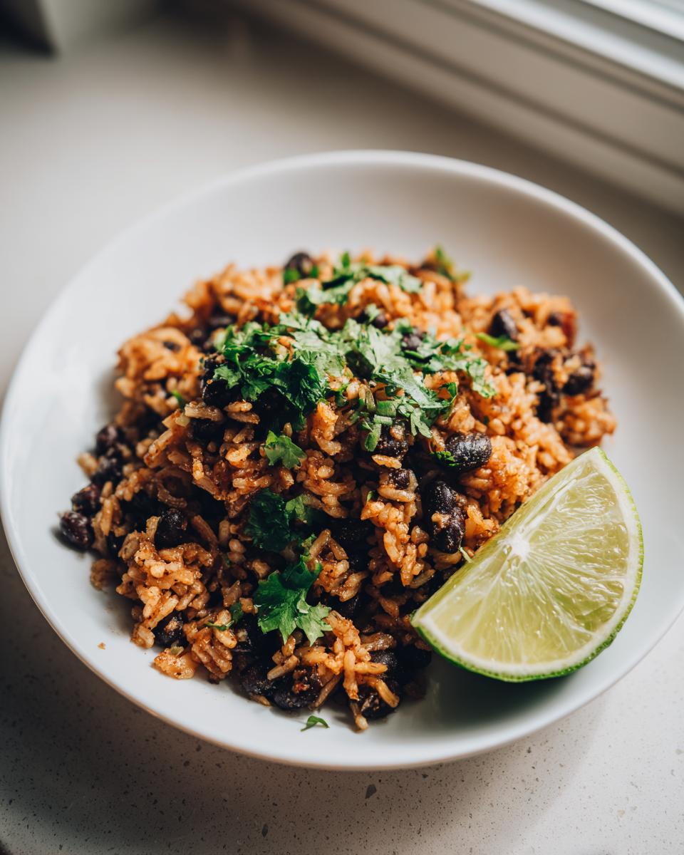 A white bowl filled with Mexican black beans and rice recipe, topped with fresh cilantro and a lime wedge.