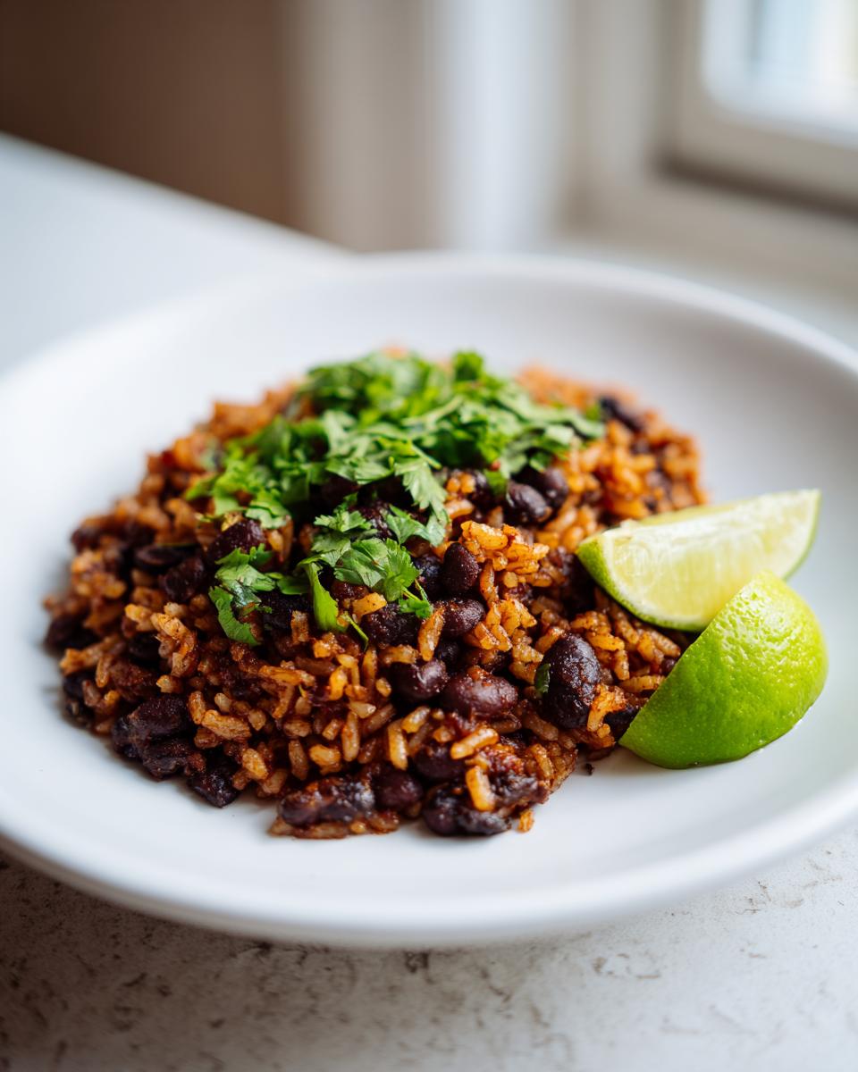 A close-up of Mexican black beans and rice recipe served in a white bowl, topped with fresh cilantro and lime wedges.