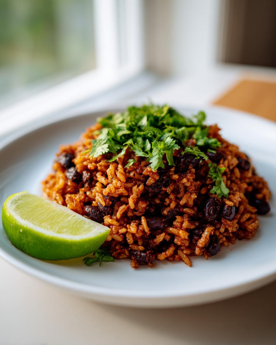 A serving of flavorful Mexican black beans and rice recipe topped with fresh cilantro and a lime wedge.