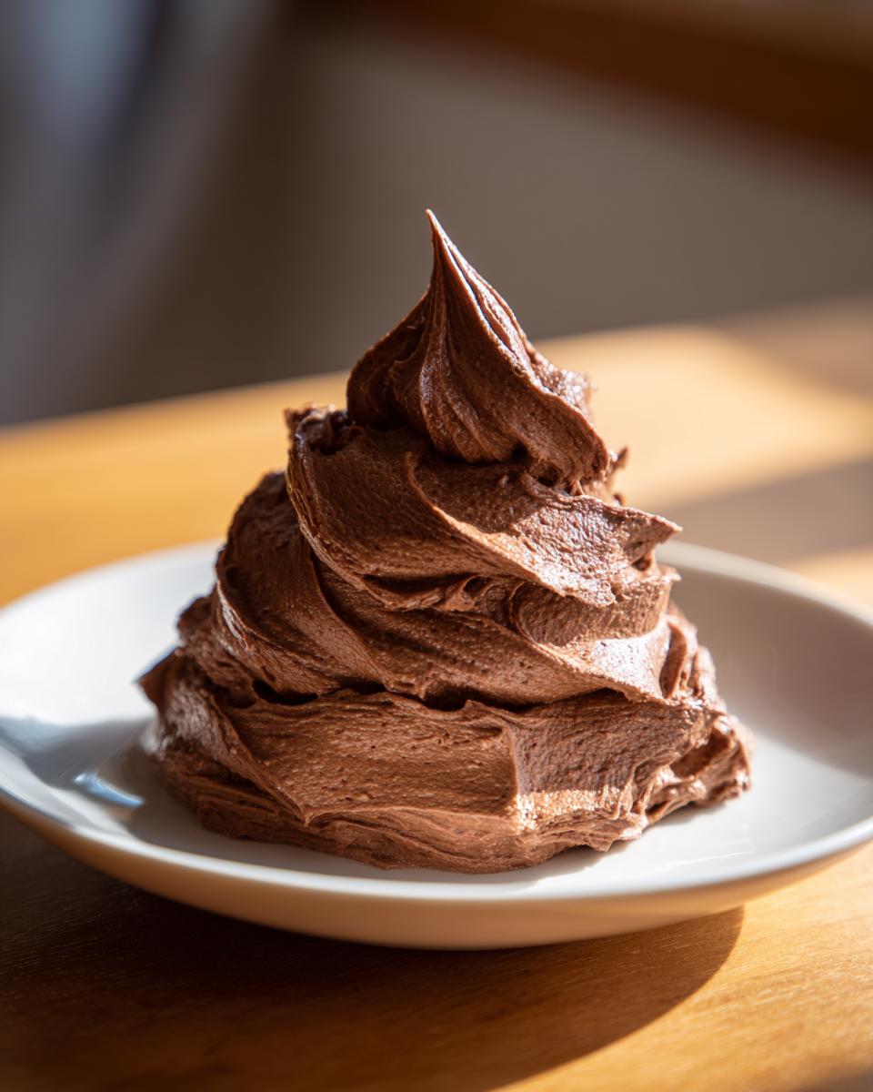 A perfect swirl of rich, glossy milk chocolate buttercream frosting piped onto a white plate.