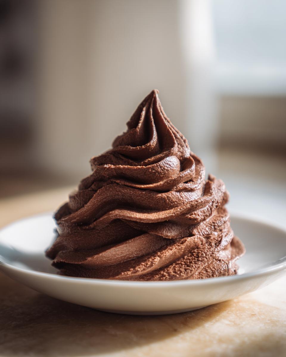 A tall, perfectly piped swirl of rich milk chocolate buttercream frosting sitting on a small white dish.