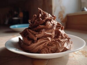 A large, dramatic swirl of rich milk chocolate buttercream frosting piled high on a small white plate.