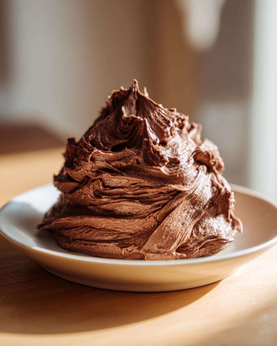 A generous swirl of rich, dark milk chocolate buttercream frosting piled high on a small white plate.
