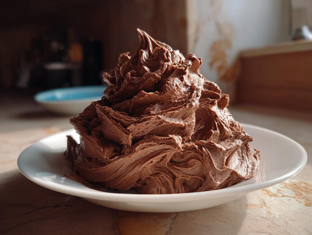 A large, dramatic swirl of rich milk chocolate buttercream frosting piled high on a small white plate.
