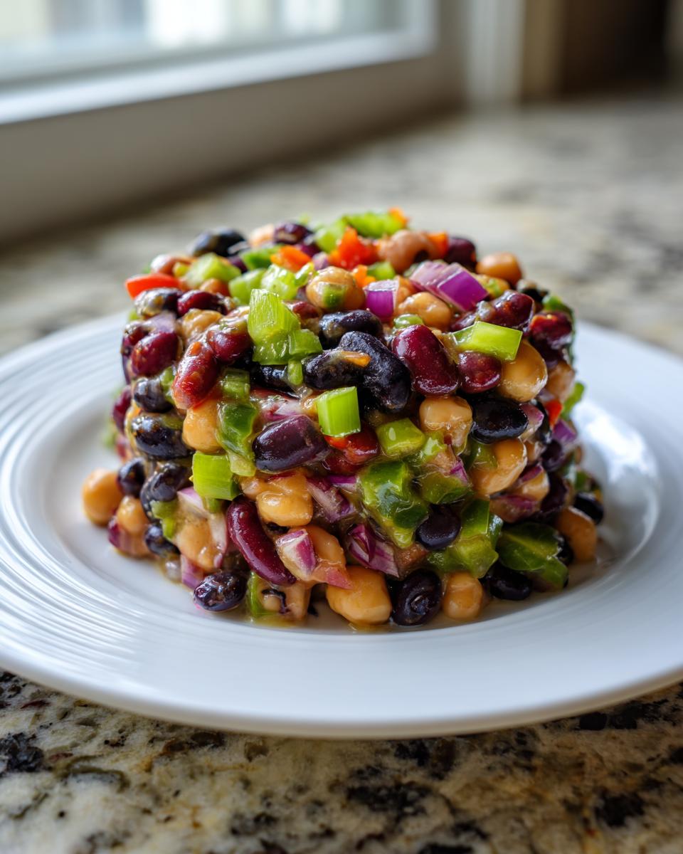 A molded serving of colorful dense bean salad featuring black beans, chickpeas, red onion, and green peppers.