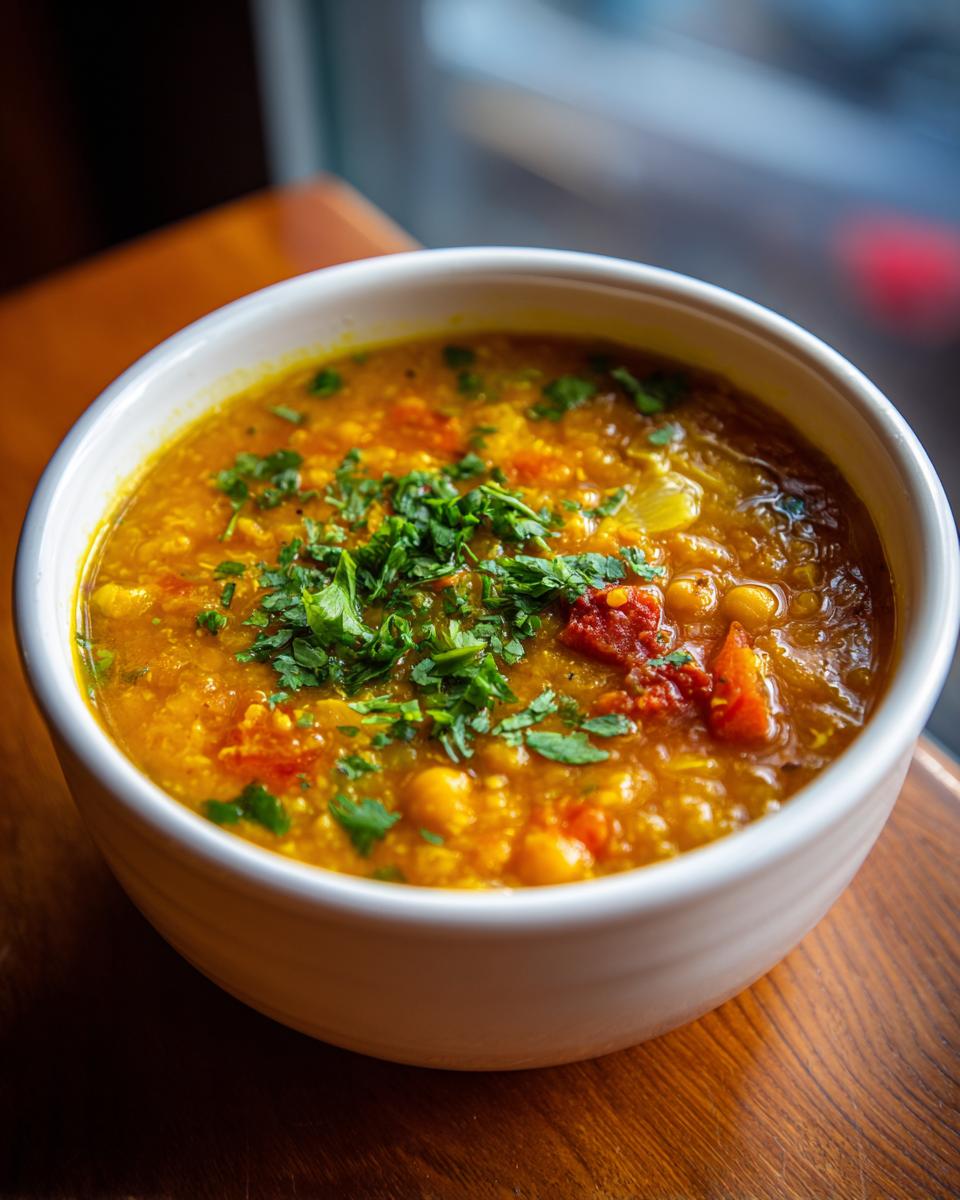 Close-up of a warm bowl of moroccan chickpea soup, garnished with fresh parsley.