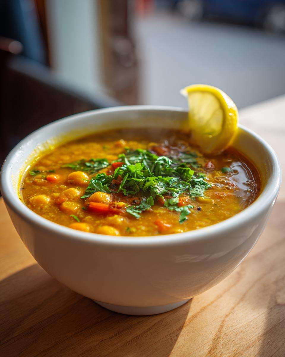 Close-up of a steaming white bowl filled with rich, yellow Moroccan chickpea soup, topped with fresh cilantro and a lemon wedge.