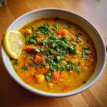 A close-up of a vibrant, yellow moroccan chickpea soup topped with fresh parsley and a lemon wedge.