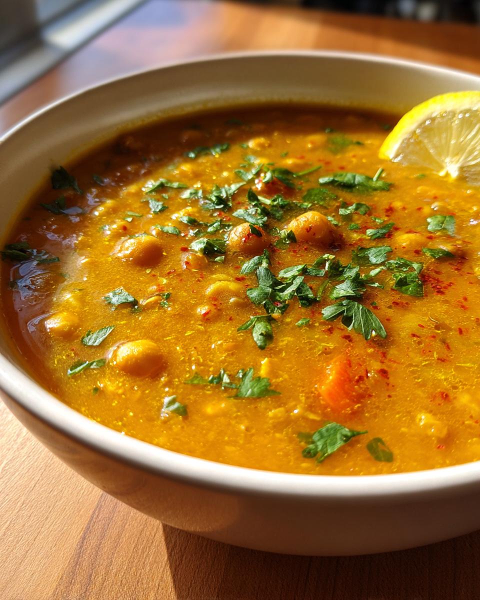 A close-up of a vibrant, golden Moroccan chickpea soup topped with fresh parsley and a lemon slice.