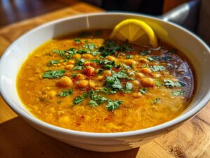 Close-up of a vibrant bowl of moroccan chickpea soup, garnished with fresh cilantro and a lemon slice.