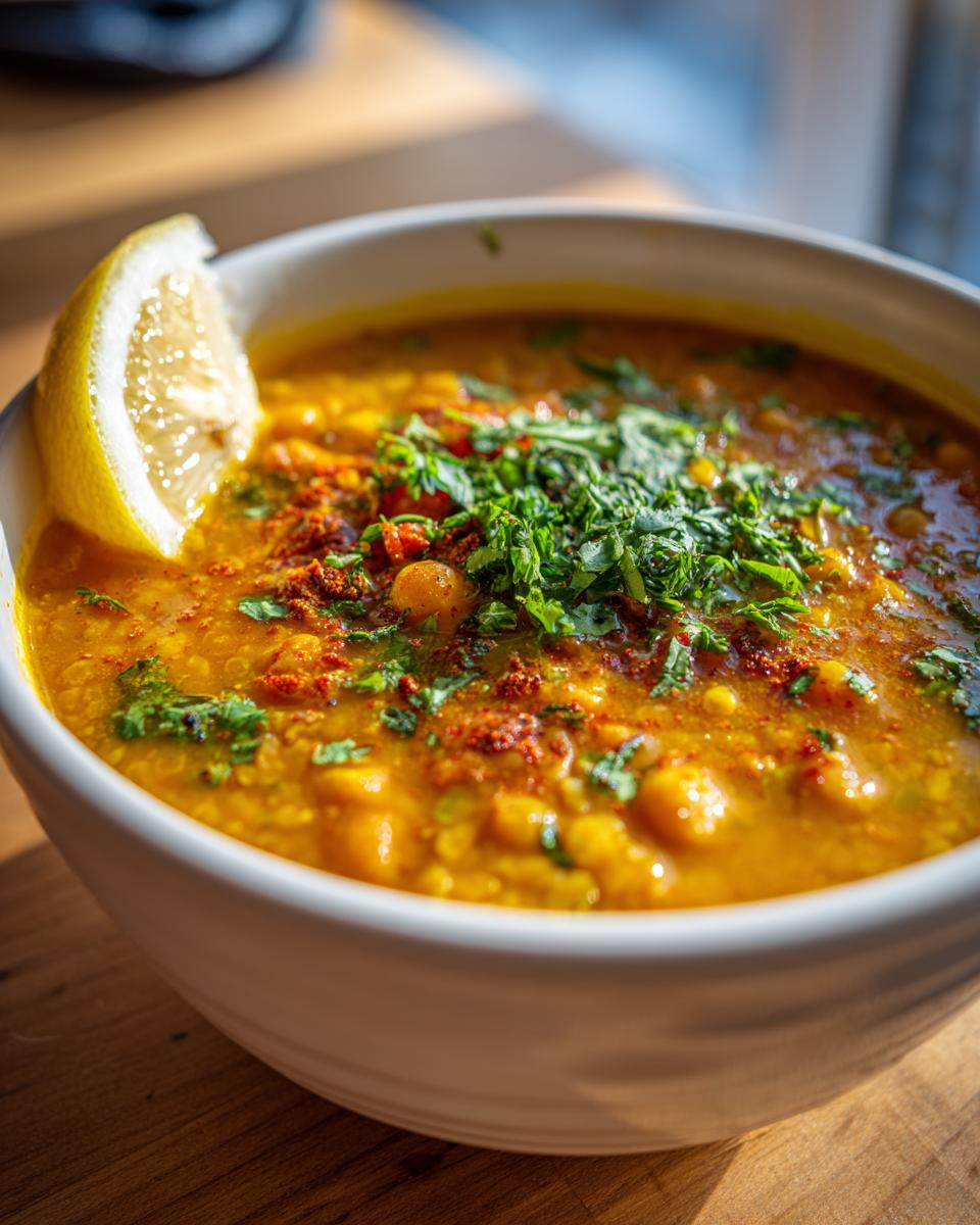 Close-up of a hearty bowl of Moroccan chickpea soup, garnished with fresh cilantro, paprika, and a lemon wedge.