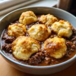 Close-up of a bowl filled with rich ground beef and dumplings, featuring golden-brown tops.