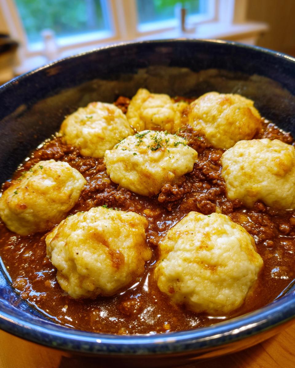 Close-up of fluffy dumplings nestled in a rich, savory ground beef and gravy mixture, featuring ground beef and dumplings.