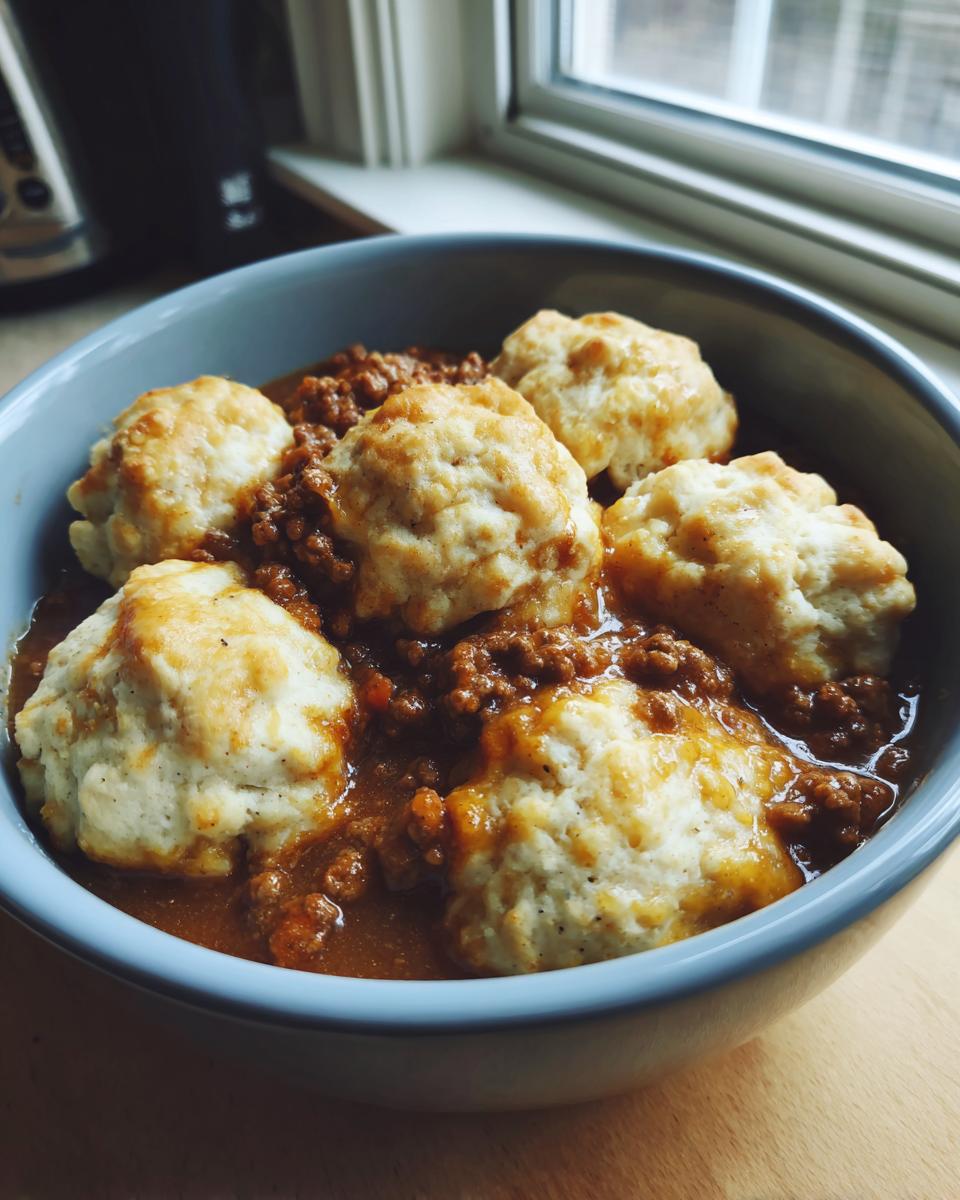 Close-up of a bowl filled with rich ground beef stew topped with fluffy, golden-brown dumplings, perfect for ground beef and dumplings.