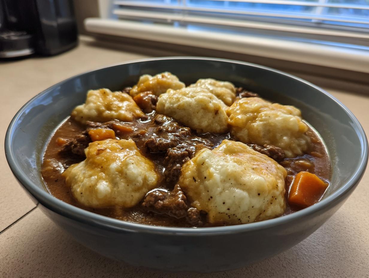 A close-up of a bowl filled with rich gravy, ground beef, carrots, and fluffy dumplings in a ground beef and dumplings dish.