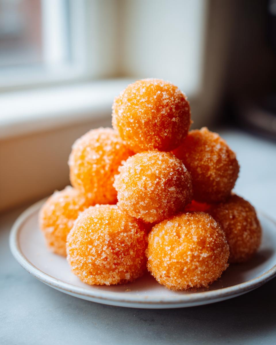 A small stack of vibrant orange cream cheese mints rolled in granulated sugar, sitting on a white plate.