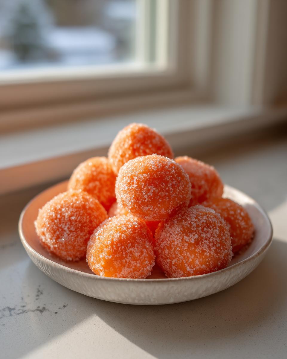 A small mound of bright orange cream cheese mints, heavily coated in sparkling sugar, resting on a light-colored plate.