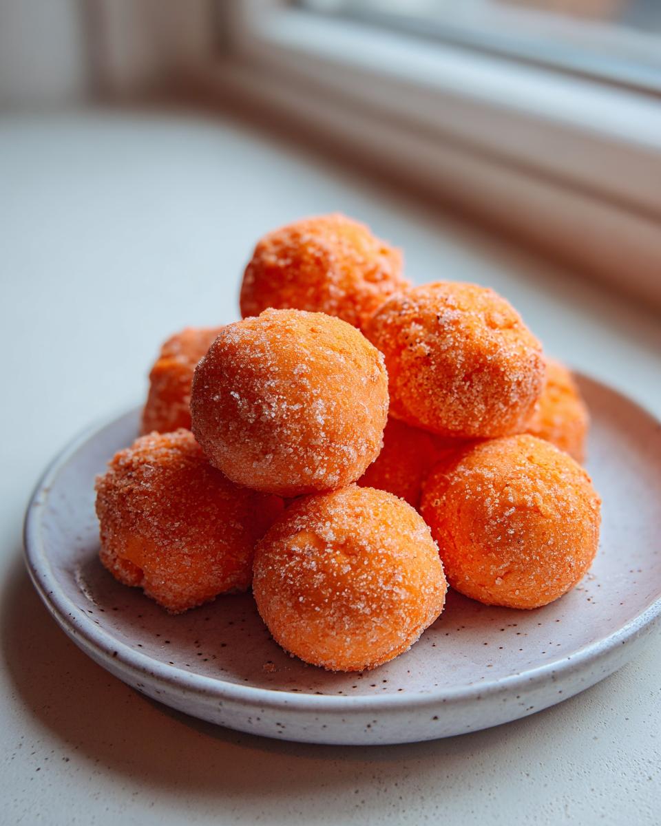 A pile of bright orange cream cheese mints rolled in sugar, resting on a speckled ceramic plate.
