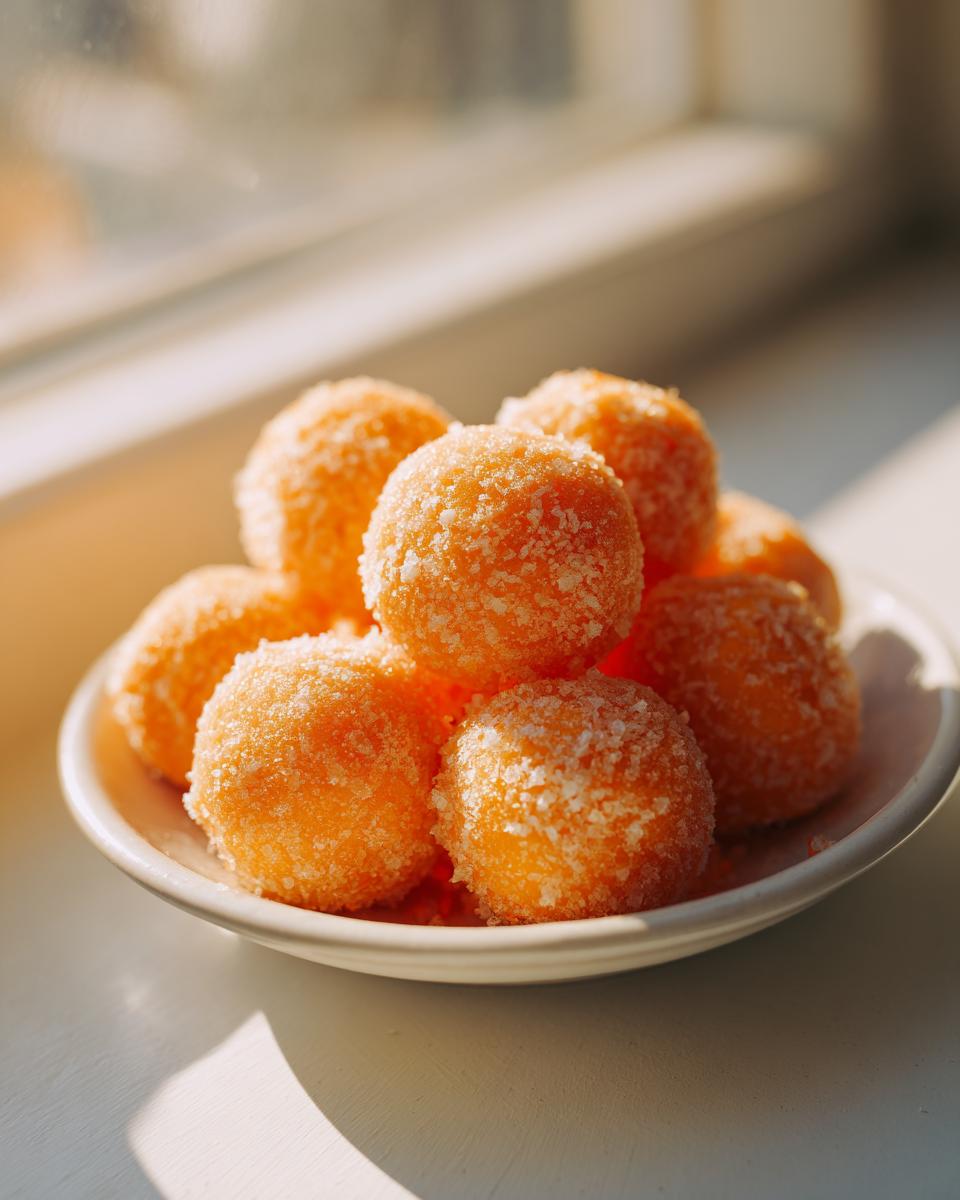 A small pile of bright orange cream cheese mints coated in sugar, sitting on a white dish near a sunlit window.