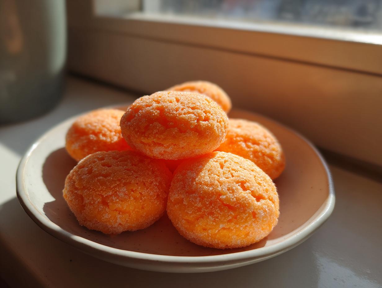 A small stack of bright orange cream cheese mints coated in sugar resting on a white plate near a window.