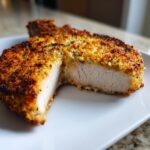 Cross-section of a perfectly cooked parmesan baked pork chop showing juicy white meat and a crispy golden crust.