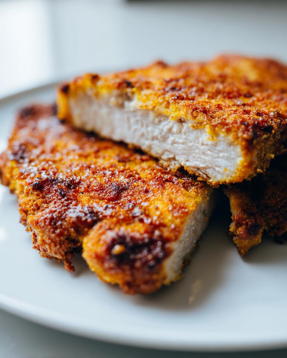 Close-up of two golden brown parmesan baked pork chops, one sliced to show the juicy white interior.